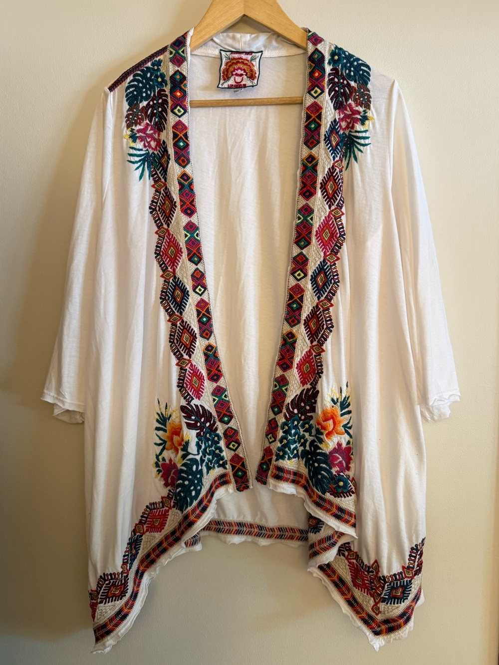 Johnny Was Embroidered Open-Front Cardigan Kimono White Tropical Boho XL
